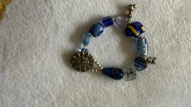 Handmade Blue Lampwork Glass Bracelet Sun Dog Cheerleader Charms 3"