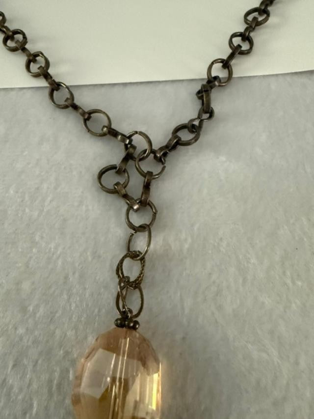 Vintage Style Bronze Tone Y Drop Necklace Champagne Amber Beads 22"