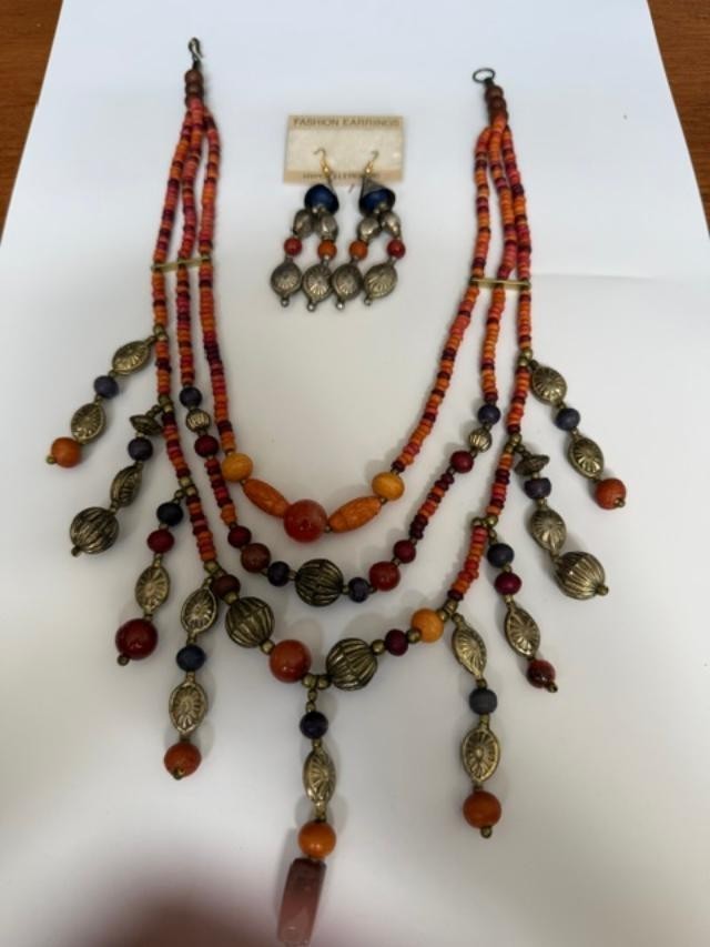Boho Tribal Bead Necklace Earrings Set Orange Red Brass Tone Dangles
