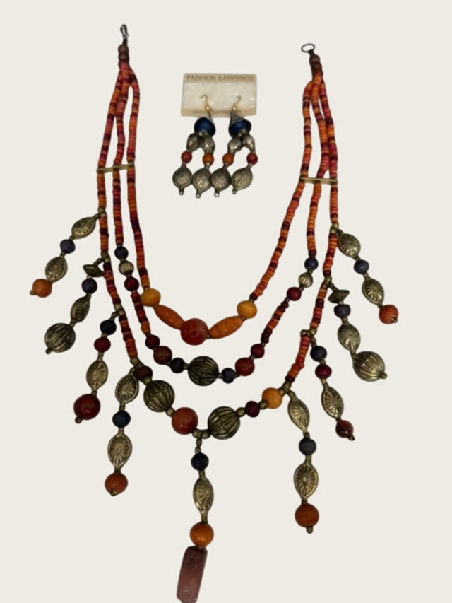 Boho Tribal Bead Necklace Earrings Set Orange Red Brass Tone Dangles