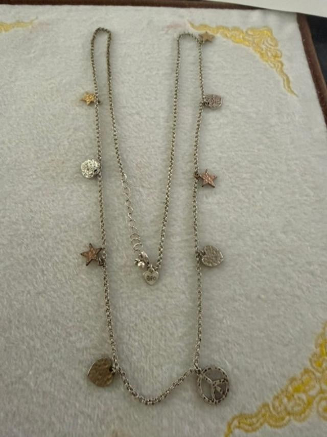 AEO American Eagle Silver Tone Charm Necklace 27" Peace Sign Heart Star