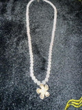 Opalite Glass Bead 15" Choker Necklace Silver Tone Flower Pendant Toggle