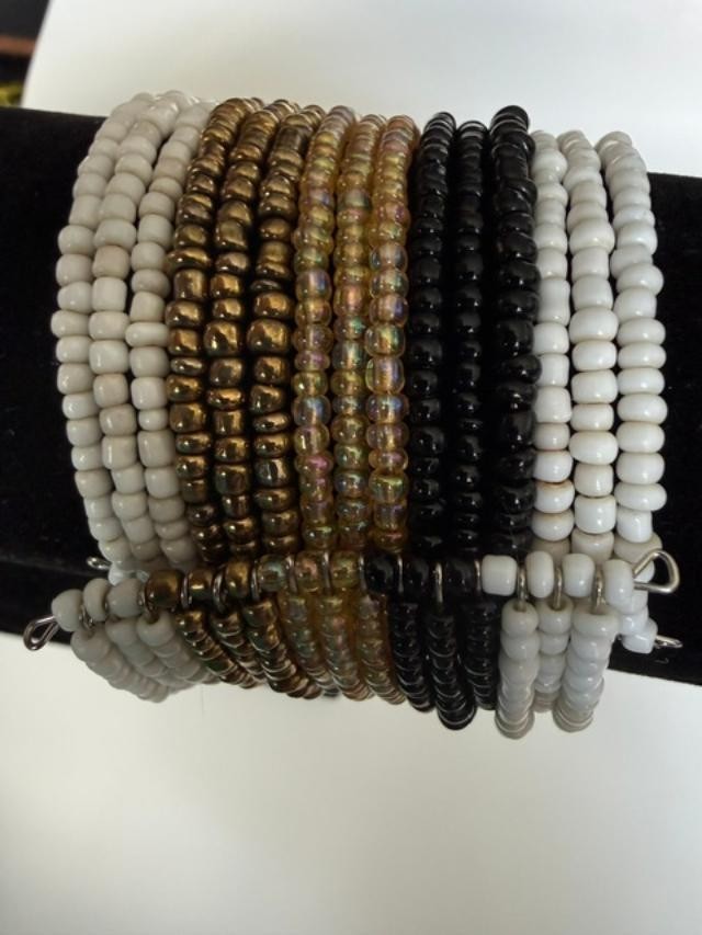Boho 15 Strand Beaded Memory Wire Cuff Bracelet Black Cream Bronze