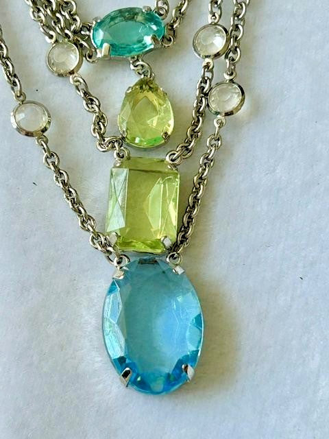 Express Aqua Blue Green Faceted Stone Multi Strand Necklace Silver Tone 19"