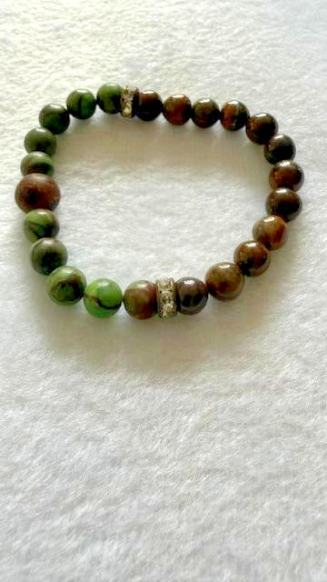 Green Brown Jasper Beaded Stretch Bracelet Rhinestone Spacer Accents