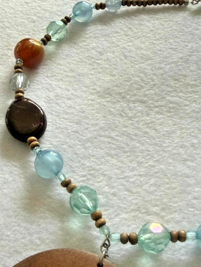 Boho Wood Donut Pendant Beaded Necklace Aqua Brown Glass Beads 20"
