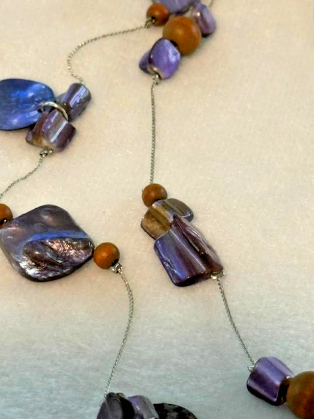 Purple Shell Wood Bead Double Strand Necklace 33 Inch Boho Statement