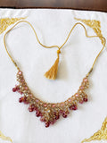 Pink Kundan Style Bib Necklace Gold Tone Beaded Drops Adjustable Tassel