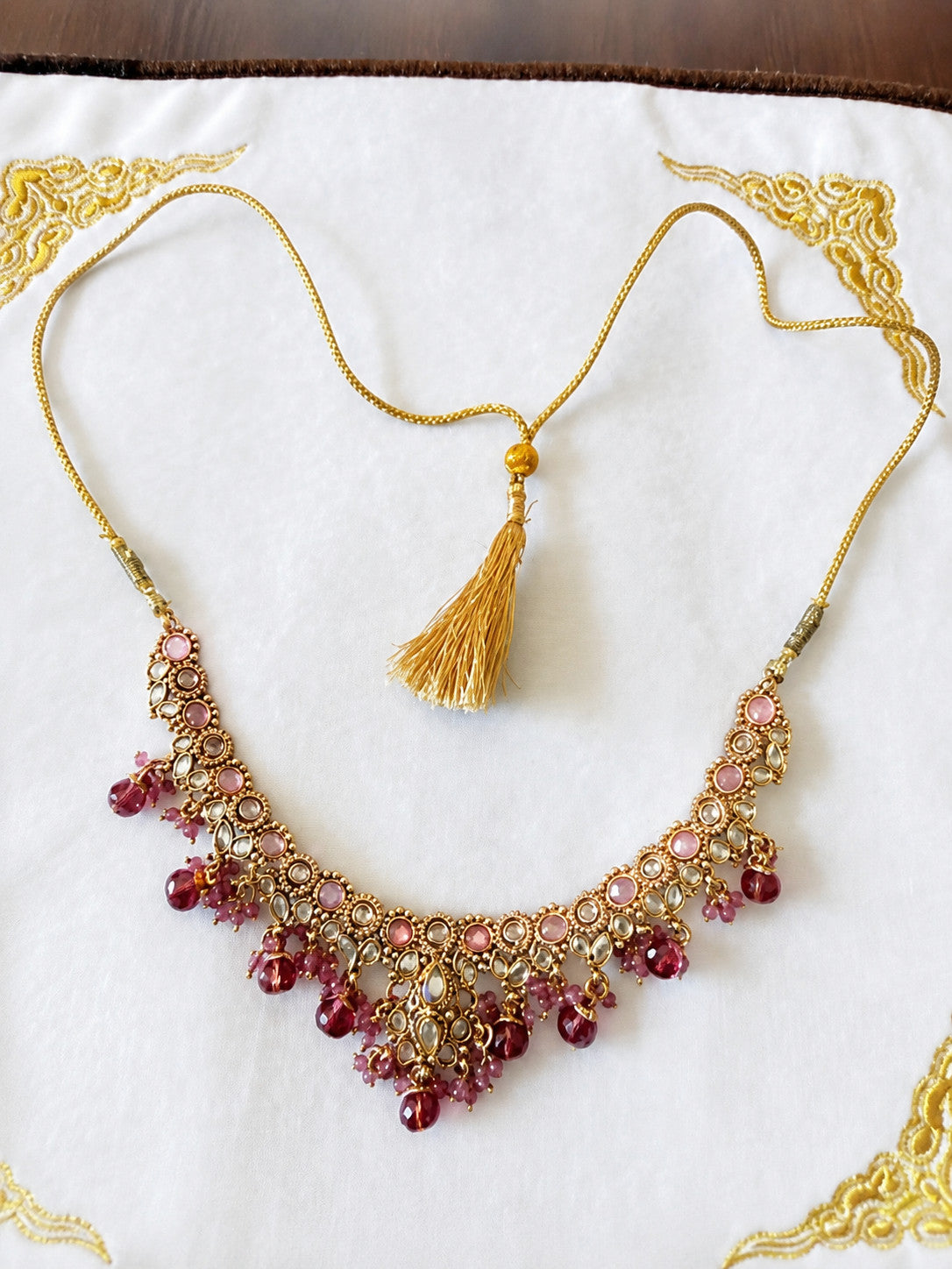 Pink Kundan Style Bib Necklace Gold Tone Beaded Drops Adjustable Tassel