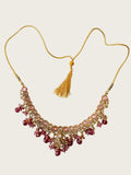 Pink Kundan Style Bib Necklace Gold Tone Beaded Drops Adjustable Tassel
