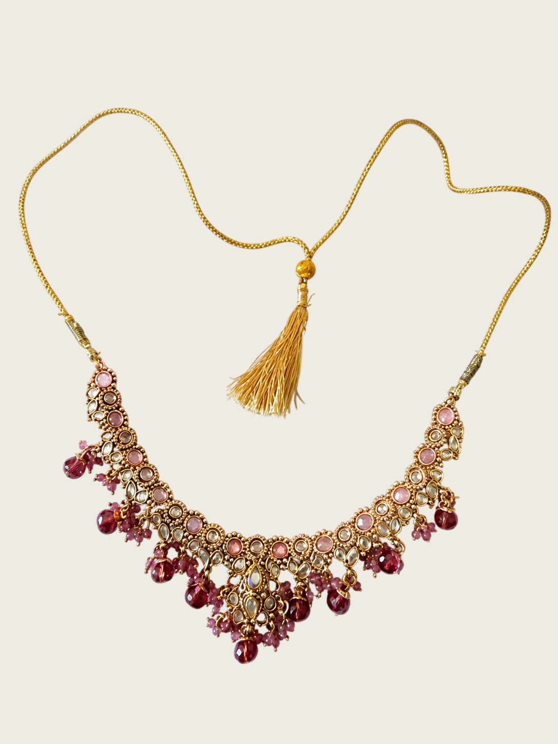 Pink Kundan Style Bib Necklace Gold Tone Beaded Drops Adjustable Tassel