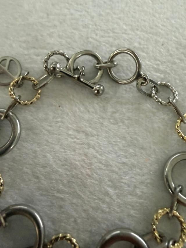 Mixed Metal Peace Sign Charm Bracelet 9" Boho Hippie Link Chain