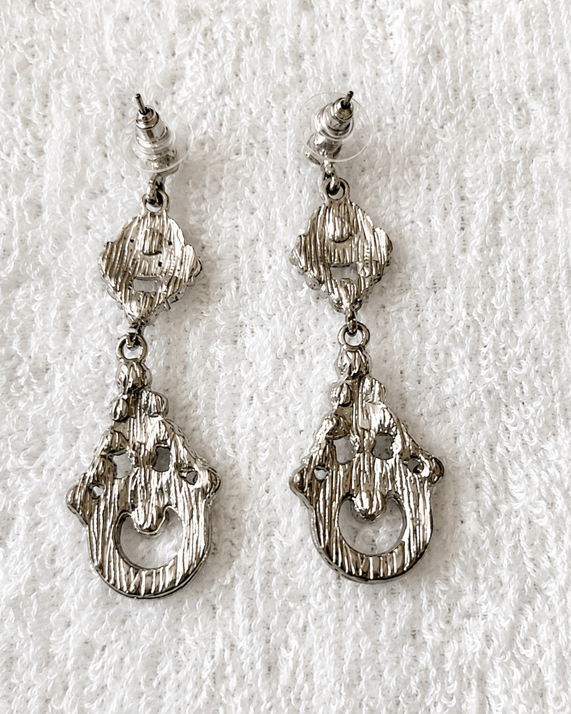Clear Rhinestone Teardrop Dangle Earrings Silver Tone Pierced 2.25"