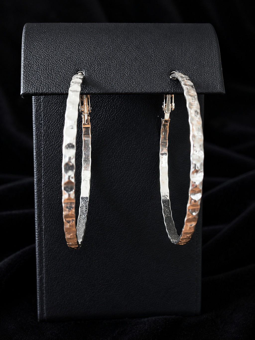 Large 2” Silver-Tone Hammered Oval Hoop Earrings Hinged Closure