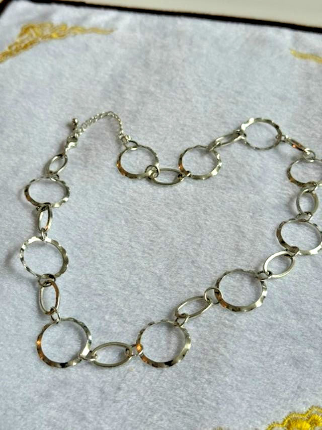 Silver Tone Hammered Open Circle Oval Link Statement Necklace 20"