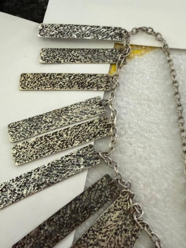 Vintage Silver Tone Fringe Statement Necklace Textured Bar Pendants 35"
