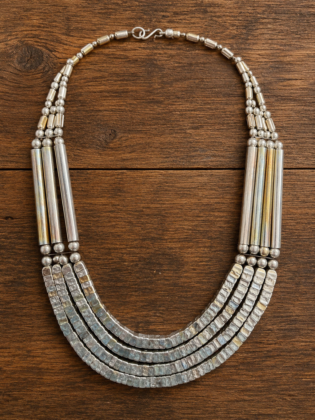 Vtg Egyptian revival tribal statement Bib necklace silver tone beads