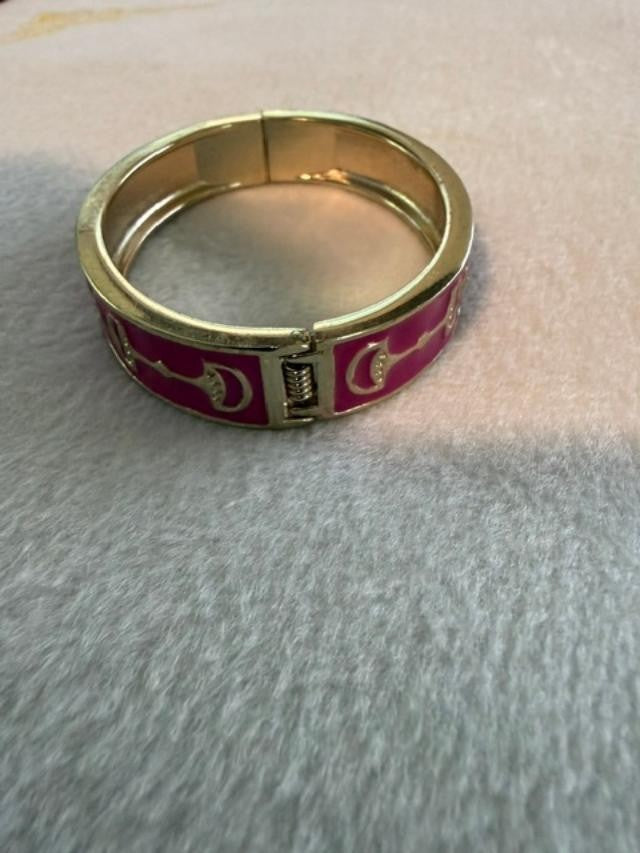 Vintage Pink Enamel Rhinestone Hinged Bangle Bracelet Gold Tone Art Deco Style