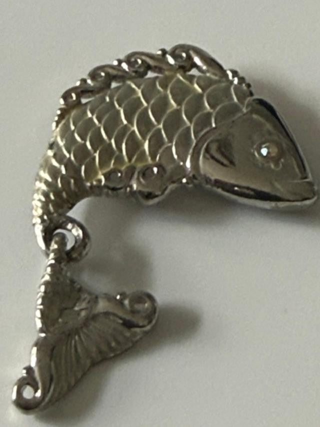 Vintage JJ Jonette Pewter Fish Brooch Articulated Tail AB Rhinestone Eye