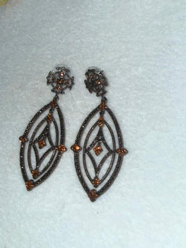 Art Deco Style Gunmetal Cognac Rhinestone Openwork Dangle Earrings 3 Inch
