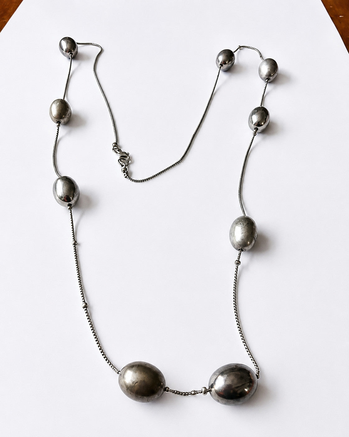 28” Oxidized Silver Tone Oval Bead Station Snake Chain Necklace