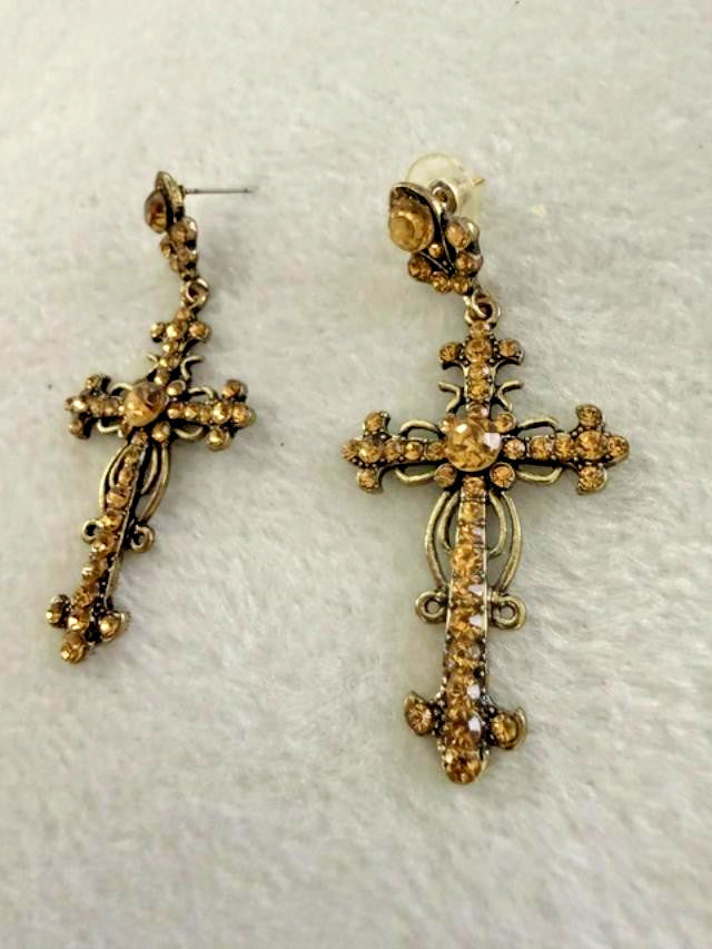 Gold Tone Rhinestone Cross Dangle Earrings 2.5" Ornate Statement Pierced
