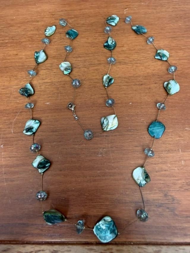 Black Lip Mother of Pearl Shell Glass Bead Long Station Necklace Boho