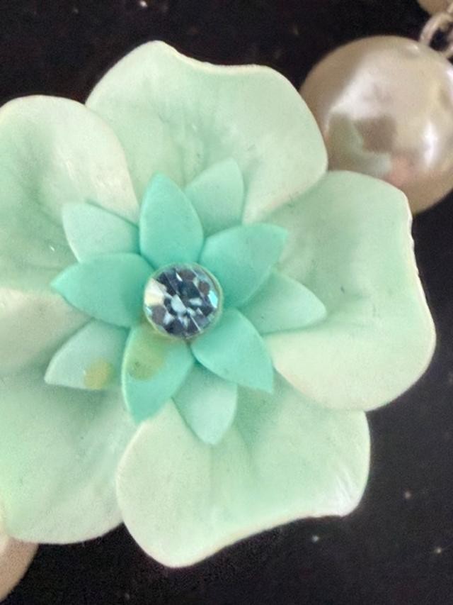 Signed Tiara Misu Aqua Floral Faux Pearl Statement Necklace Rhinestone 16"