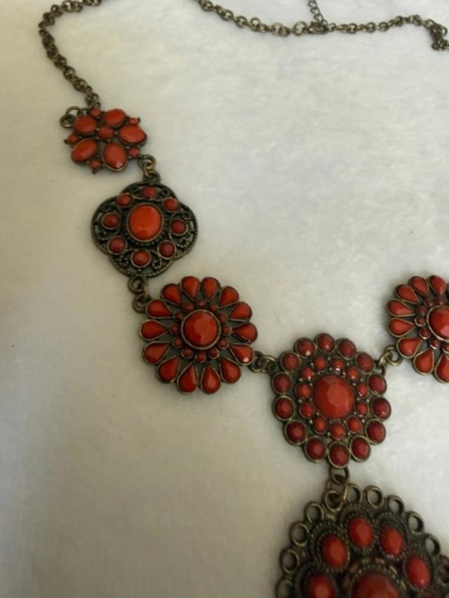 Orange Faux Coral Filigree Boho Statement Necklace 23" + 3" Extender