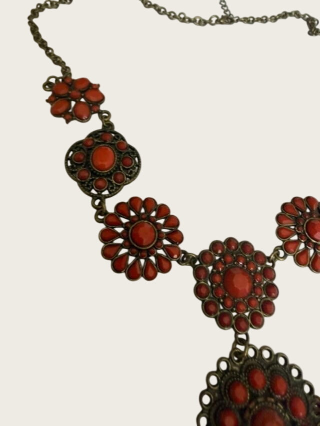 Orange Faux Coral Filigree Boho Statement Necklace 23" + 3" Extender