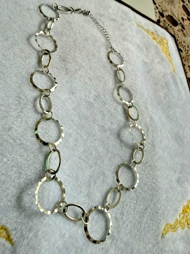 Silver Tone Hammered Open Circle Oval Link Statement Necklace 20"