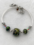 Handmade Artisan Lampwork Art Glass Bangle Bracelet Green Swirl Beads Leaf Charm