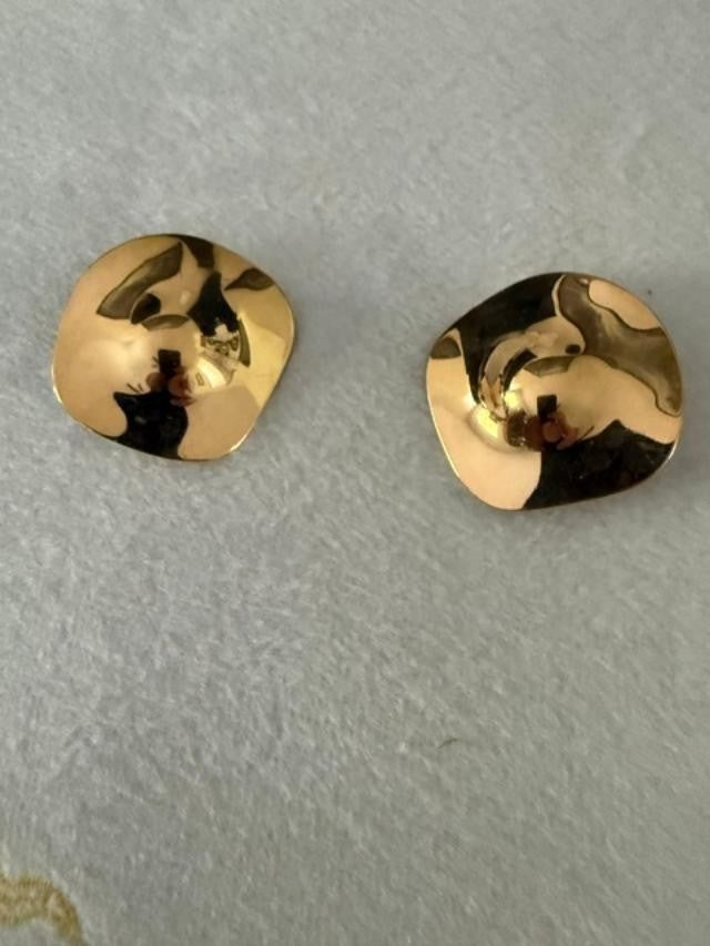 Vintage Gold Tone Sculptural Clip On Earrings Modernist Dome Square Statement