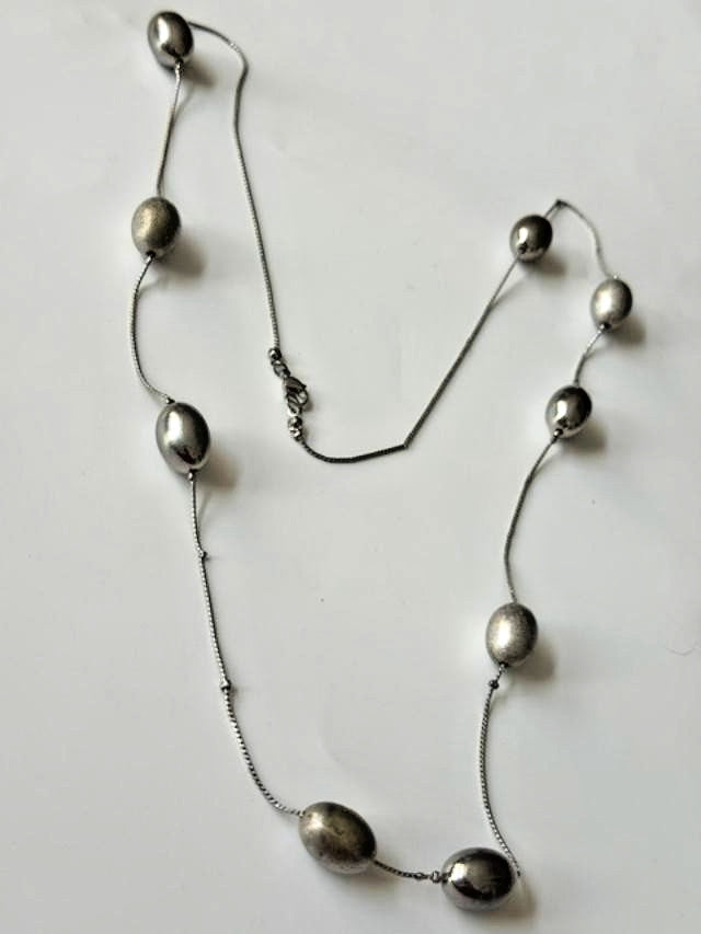 28” Oxidized Silver Tone Oval Bead Station Snake Chain Necklace