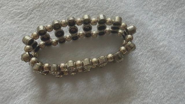 Silver Tone Multi Row Stretch Bracelet Clear Rhinestones Beaded Cuff 3/4" Wide