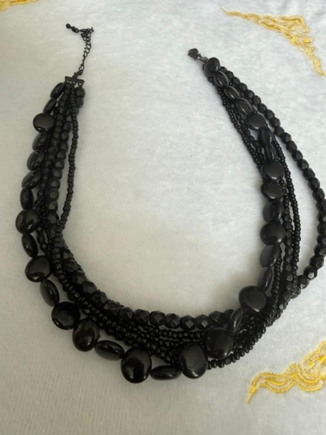 Black multi-strand beaded necklace bracelet earrings set 15" 7"