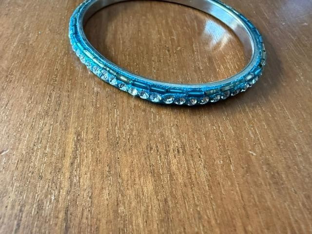 Blue Baguette Clear Rhinestone Glitter Bangle Bracelet Silver Tone