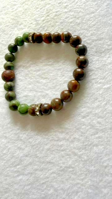 Green Brown Jasper Beaded Stretch Bracelet Rhinestone Spacer Accents