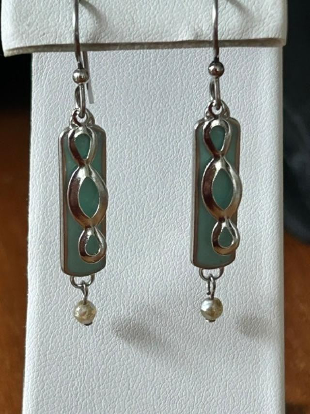 Silver Tone Aqua Green Infinity Swirl Dangle Fishhook Earrings Unmarked