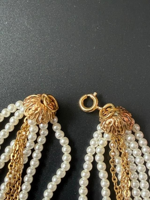Vintage Faux Pearl Gold Tone Multi Strand Tassel Statement Necklace 28 Inch