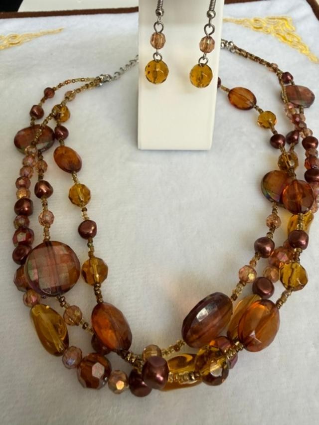 You & I Amber Brown Multistrand Beaded Necklace Earrings Set Boho