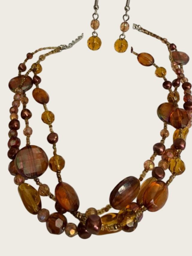 You & I Amber Brown Multistrand Beaded Necklace Earrings Set Boho