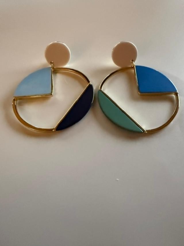 Color Block Enamel Clip-On Earrings Gold Tone Blue Green Mismatched 2.25"