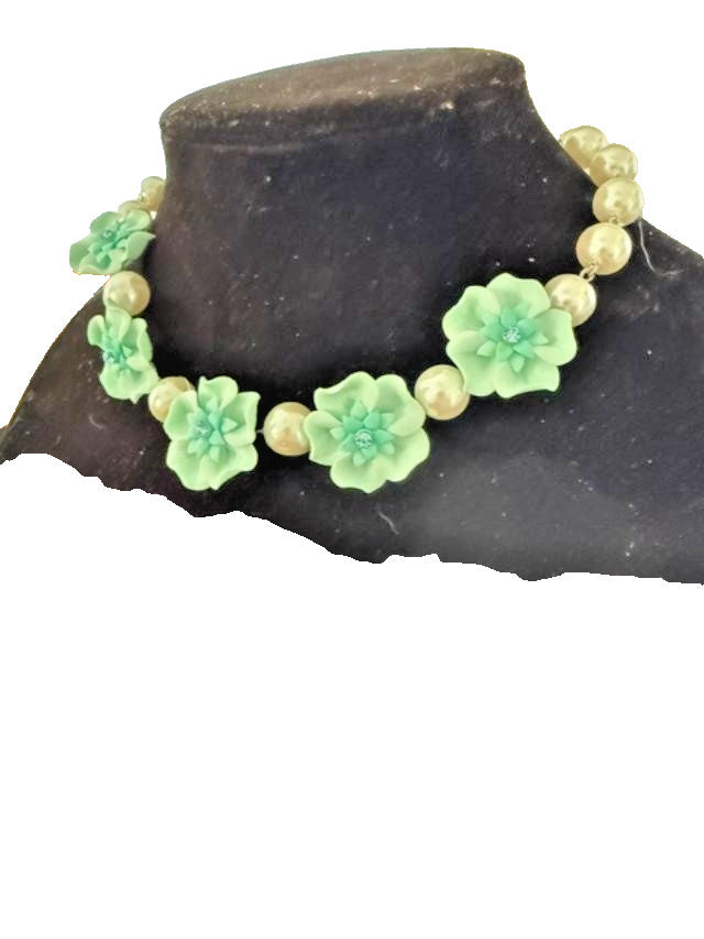 Signed Tiara Misu Aqua Floral Faux Pearl Statement Necklace Rhinestone 16"