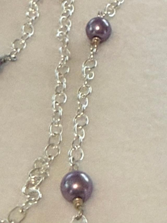 Long Silver Tone Purple Faux Pearl Station Necklace 40 Inch