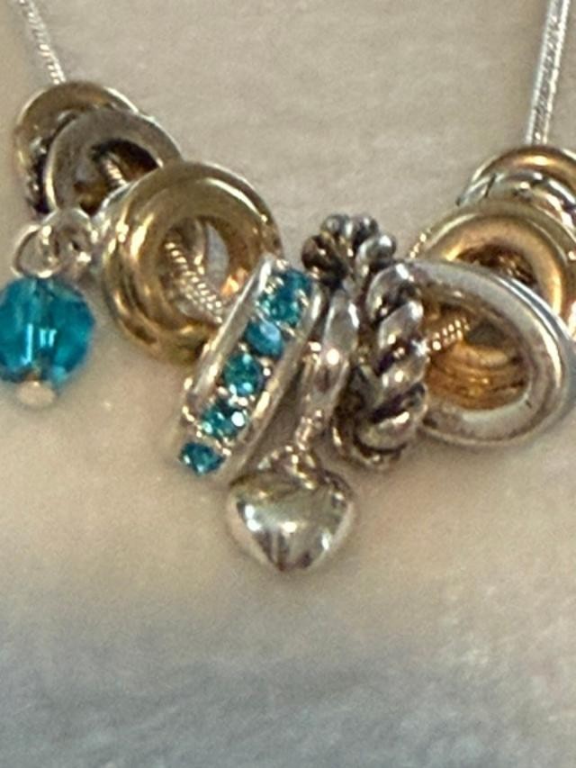 Mixed Metal Ring Cluster Necklace Blue Rhinestone Charm 21 Inch