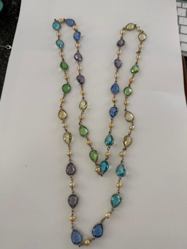 Long Multicolor Teardrop Glass Faux Pearl Station Necklace 54"