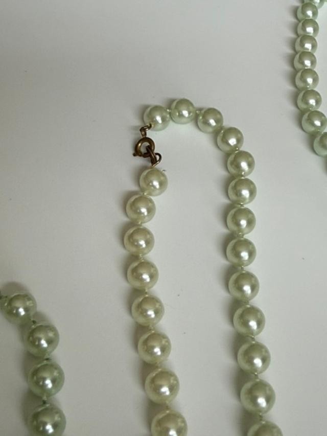 Pale Green Faux Pearl Necklace Bracelet Set Lot Seafoam Costume Jewelry