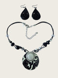 Chico's Black White Enamel Pendant Necklace & Earrings Set 18" Statement
