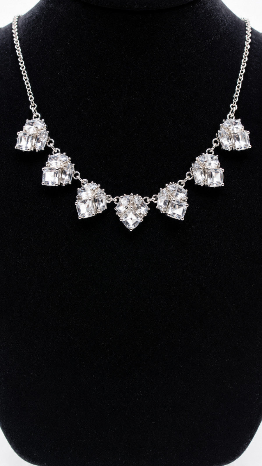 Silver Tone Clear Crystal Heart Station Necklace 17" Rhinestone Statement